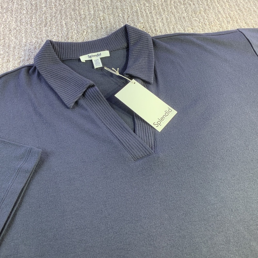Splendid Collection Womens Cropped Blue Collared‎ Pullover Top Size L NWT